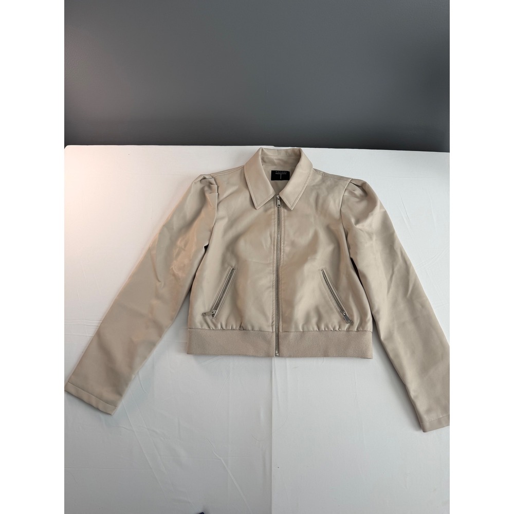 Tahari Faux Leather Jacket Womens Small Beige Puff Sleeve Bomber Moto - Picture 3 of 13